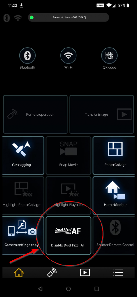 Panasonic ImageApp (Android) showing DPAF option
